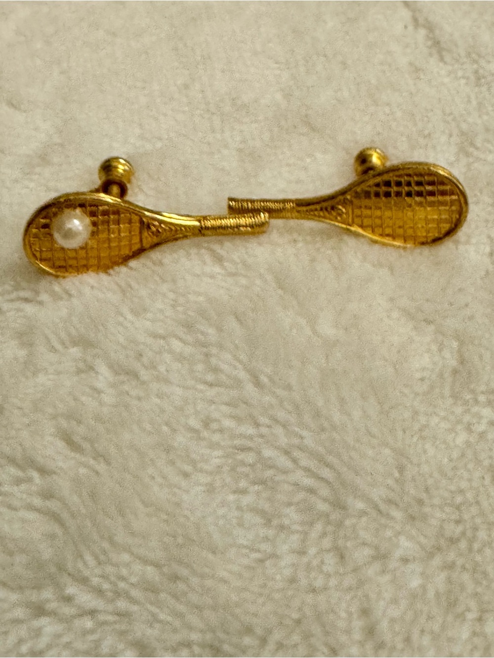 Gold Tennis Racket Screw Back Earrings with Pearl Accent